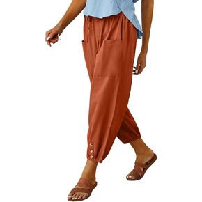 Cotton Casual Capri for Women Elastic High Waisted Loose Lantern Tapered Harem Pants with Pockets