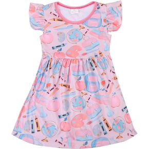 Toddler Girls Apple Pencil Printed Back to School Pearls First day of School Boutique Dress