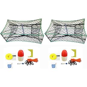 2-Pack of KUFA Galvanized Foldable Crab Trap & Accessory kit (100' Poly Rope with line Weight,Clipper,Harness,Bait Bag & 11" Float) (S33+CAP1) x2