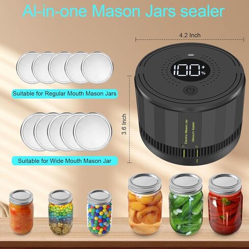 Auto Stop Electric Mason Jar Vacuum Sealer, Mason Genie Vacuum Sealer Kit for Wide Mouth and Regular Mouth Mason Jars with Food Storage Labels for Freshness and Preservation in Saudi Arabia