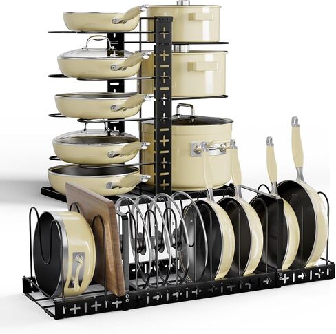 ULG Pots and Pans Organizer under Cabinet, 8-Tier Large Lid and Pan Organizers inside Cabinet for Heavy Pot and Pan Organizer Expandable Horizontal and Vertical Use with 3 DIY Methods, Matte Black in Saudi Arabia