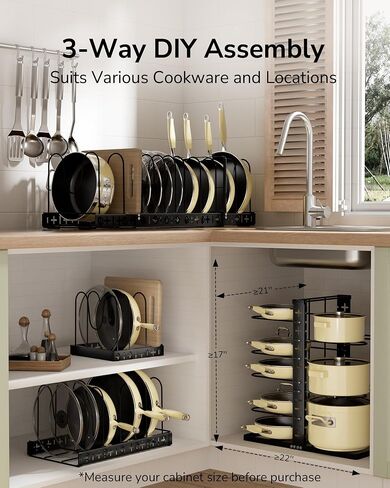 ULG Pots and Pans Organizer under Cabinet, 8-Tier Large Lid and Pan Organizers inside Cabinet for Heavy Pot and Pan Organizer Expandable Horizontal and Vertical Use with 3 DIY Methods, Matte Black in Saudi Arabia