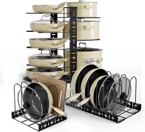 ULG Pots and Pans Organizer under Cabinet, 8-Tier Large Lid and Pan Organizers inside Cabinet for Heavy Pot and Pan Organizer Expandable Horizontal and Vertical Use with 3 DIY Methods, Matte Black in Saudi Arabia