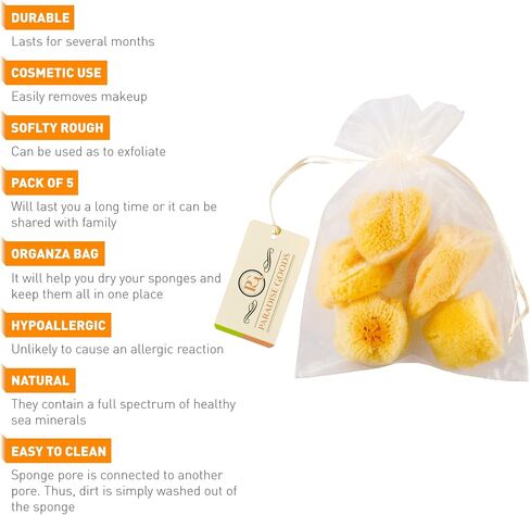 Natural Yellow Sea Silk Sponges 1,5 Inches Pack of 5 in an Organza Bag. Great for Cosmetic Use: Makeup Removal, Facial Cleansing & Cleaning. Softly Rough but Not Skin Irritating in Saudi Arabia