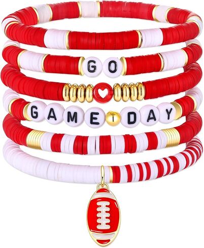 FAERLIIRY Game Day Bracelets for Women Football Bracelets Stackable Heishi Beaded Stretch Bracelets Sport Fan Bracelet Football Charm Bracelet Bangles Football Mom Accessories Outfits Jewelry in Kuwait