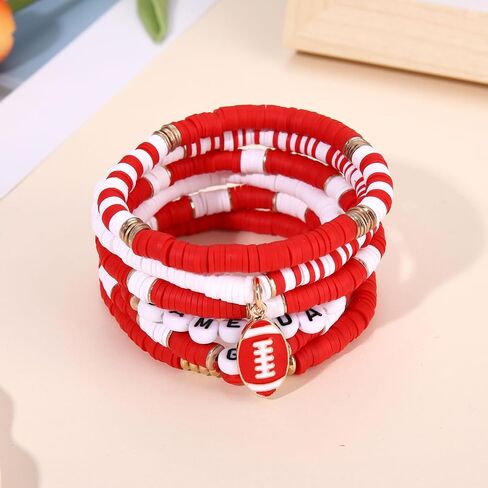 FAERLIIRY Game Day Bracelets for Women Football Bracelets Stackable Heishi Beaded Stretch Bracelets Sport Fan Bracelet Football Charm Bracelet Bangles Football Mom Accessories Outfits Jewelry in Kuwait