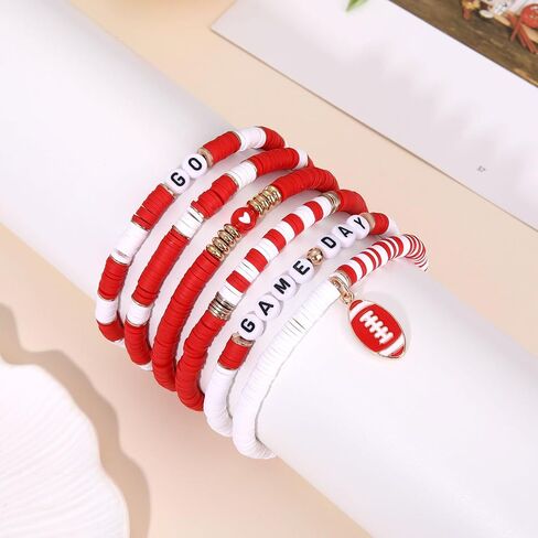 FAERLIIRY Game Day Bracelets for Women Football Bracelets Stackable Heishi Beaded Stretch Bracelets Sport Fan Bracelet Football Charm Bracelet Bangles Football Mom Accessories Outfits Jewelry in Kuwait