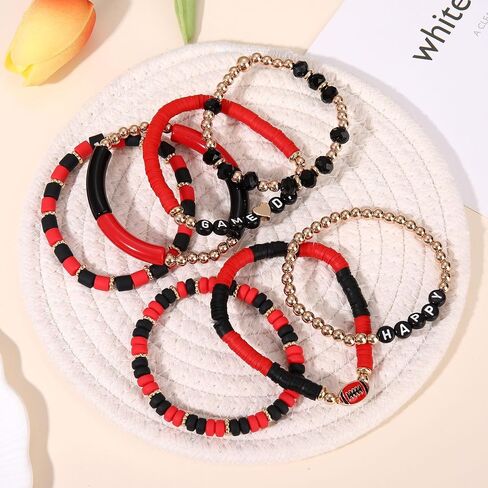 FAERLIIRY Game Day Bracelets for Women Football Bracelets Stackable Heishi Beaded Stretch Bracelets Sport Fan Bracelet Football Charm Bracelet Bangles Football Mom Accessories Outfits Jewelry in Kuwait