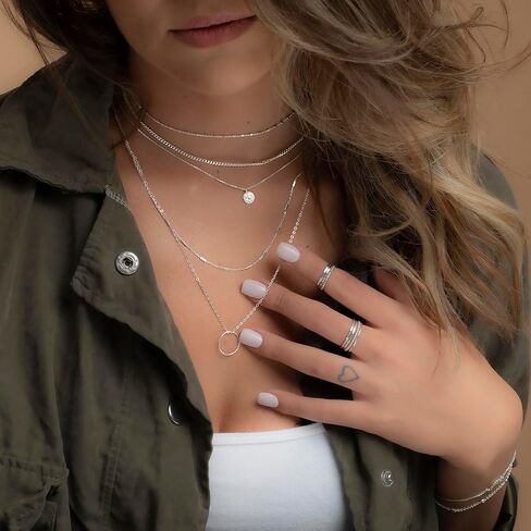 قلادة أنيكا بيلا كارما للنساء، الطول 20-22 بوصة، قلادات طويلة الطبقات، مقاومة للماء، قلادة دائرية بسيطة من الفضة الاسترليني أو الذهب المملوء (فضي) in Kuwait