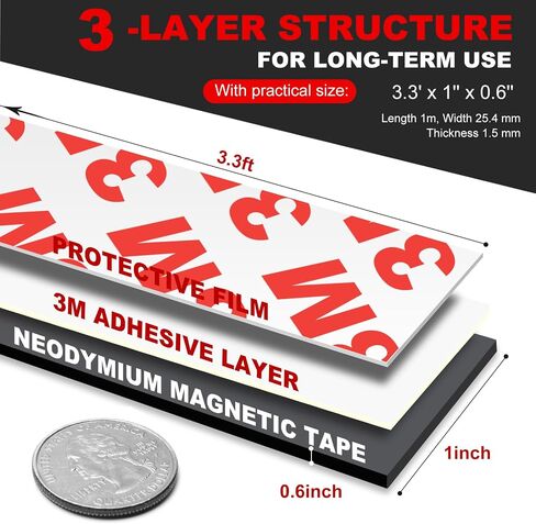 Neodymium Magnetic Tape, Flexible Magnet Tape Strips Roll (1/2'' Wide x 3.3 ft Long) with Strong 3M Adhesive Backing, Magnetic Strips Heavy Duty Perfect for Wall, DIY, Art Projects & Fridge in Saudi Arabia