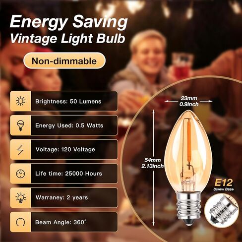 C7 LED E12 لمبة الشمعدانات الصغيرة اديسون شمعة ضوء الليل لمبات مصباح الملح 0.5 واط ما يعادل 5 واط 7 واط أبيض دافئ 2700 كيلو لمبات واضحة للثريا ضوء عيد الميلاد 50 لومن غير قابل للتعتيم (حزمة من 2) in Kuwait