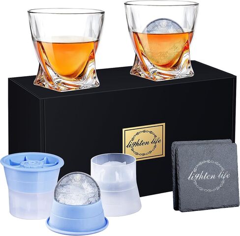 LIGHTEN LIFE Whiskey Glasses with Ice Molds-(2 Crystal Bourbon Glass,2 Iceball Maker,2 Coasters) in Gift Box,Non-Lead Whiskey Rock Glasses,Old Fashioned Glass for Liquor,Whiskey Glass Set 2 in Saudi Arabia
