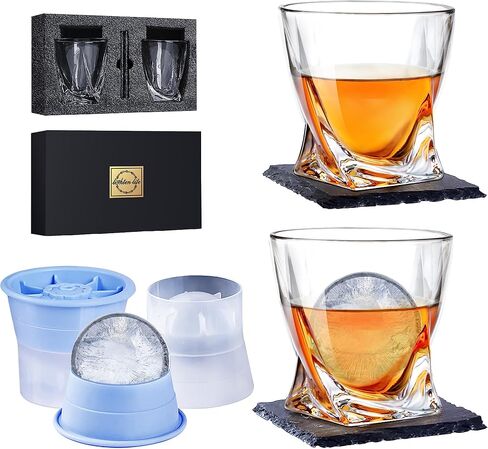 LIGHTEN LIFE Whiskey Glasses with Ice Molds-(2 Crystal Bourbon Glass,2 Iceball Maker,2 Coasters) in Gift Box,Non-Lead Whiskey Rock Glasses,Old Fashioned Glass for Liquor,Whiskey Glass Set 2 in Saudi Arabia