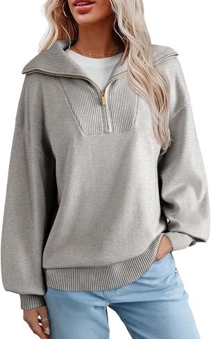 Dokotoo Women's Sweaters Long Lantern Sleeve 1/4 Zip Polo V-Neck Knit Pullover Tops in Saudi Arabia