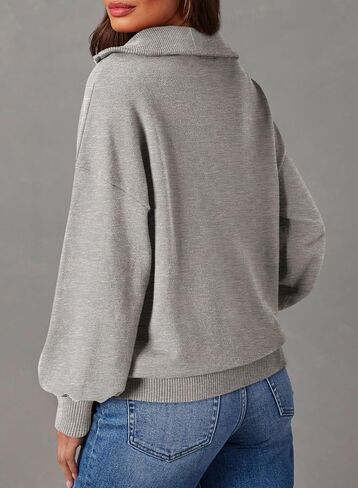 Dokotoo Women's Sweaters Long Lantern Sleeve 1/4 Zip Polo V-Neck Knit Pullover Tops in Saudi Arabia