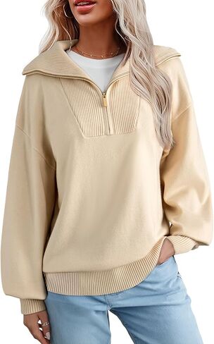 Dokotoo Women's Sweaters Long Lantern Sleeve 1/4 Zip Polo V-Neck Knit Pullover Tops in Saudi Arabia