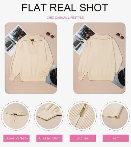 Dokotoo Women's Sweaters Long Lantern Sleeve 1/4 Zip Polo V-Neck Knit Pullover Tops in Saudi Arabia