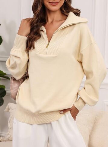 Dokotoo Women's Sweaters Long Lantern Sleeve 1/4 Zip Polo V-Neck Knit Pullover Tops in Saudi Arabia