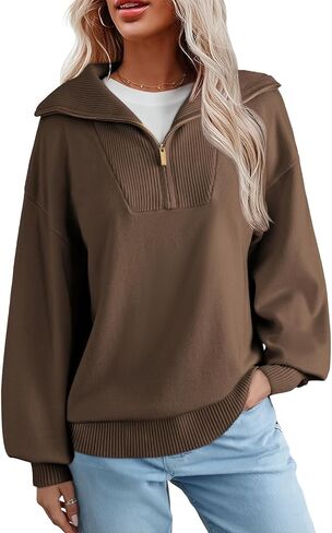 Dokotoo Women's Sweaters Long Lantern Sleeve 1/4 Zip Polo V-Neck Knit Pullover Tops in Saudi Arabia
