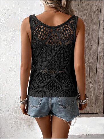Women's Sleeveless Crochet Tank Top Knitted Sweater Vest Hollow Out Scoop Neck Tops Boho Cover Up Pullover in Saudi Arabia