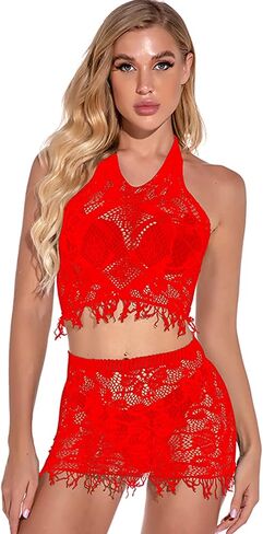 Women's Mesh Lingerie Fishnet Mini Dress Babydoll V Neck Two Piece Bathing Suits Free Size in Saudi Arabia