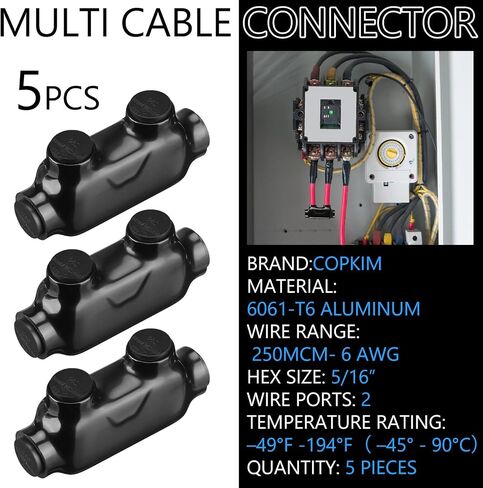 5 Pcs Multi Cable Connectors, Black Vinyl Coated Wire Insulated Splicers with 2 Ports Inline and Dual Sided Entry, Dual Rated for Copper Aluminum (250MCM-6AWG) in Saudi Arabia