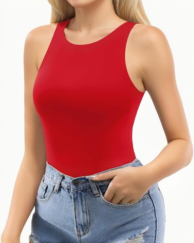 MANGOPOP Tank Top Bodysuits for Women Thong Sleeveless Crew Neck Double Lined Body Suits Racerback Halter Womens Bodysuit in Saudi Arabia