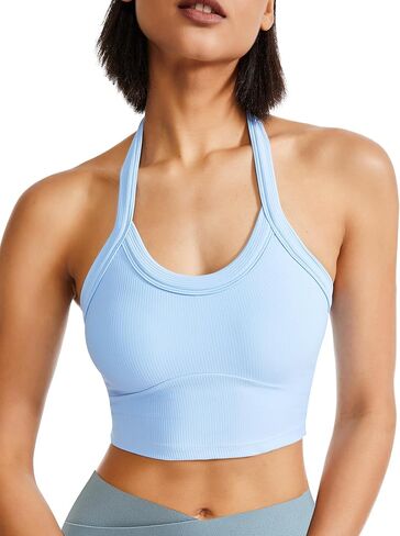 Halter Sports Bra Longline Open Back Workout Top Ribbed Crop Tank Tops with Built in Bra Gym Yoga Push Up in Saudi Arabia