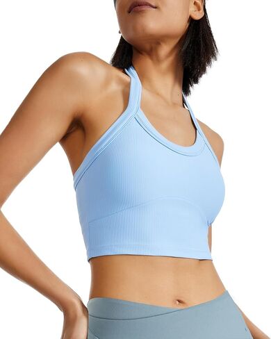 Halter Sports Bra Longline Open Back Workout Top Ribbed Crop Tank Tops with Built in Bra Gym Yoga Push Up in Saudi Arabia