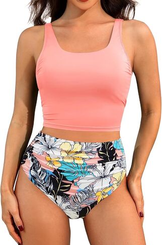 Tempt Me Women Two Piece Tankini Swimsuits - Crop Swim Top with High Waisted Bottom Tummy Control Bathing Suits Swimwear in Saudi Arabia