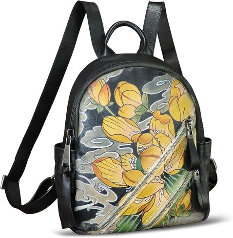 Genuine Leather Backpack for Women Hand Painted Knapsack Purse Handmade Rucksack Casual Daypack (Pattern1) in Saudi Arabia