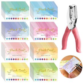 Fumete 200 Pieces Reward Punch Cards with Hole Puncher, 3.5 x 2 inch Incentive Loyalty Reward Card for Classroom Home School Supplies Students Teachers Kids, 8 Styles (Cute Style, 20 Holes)