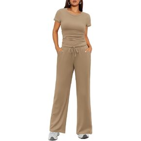 Ekouaer Women's 2 Piece Lounge Sets Ruched Short Sleeve Pajama Set High Waisted Wide Leg Pants Loungewear Outfits