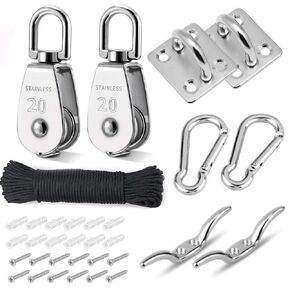 TooTaci Pulley System Set, M20 Crane Pulley for Lifting with Rope,304 Stainless Steel Block and Tackle Pulley System,with Nylon Pulley Line Rope & Carabiner, Oblong Eye Pad Plate,Cleat Hooks…