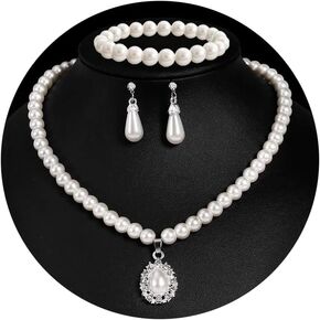 CSIYANJRY99 Pearl Necklace and Earring Set Faux Pearl Prom Jewelry Sets for Women Imitation Beaded Pearl Necklace Bracelet Stud Earrings for Women