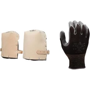 Custom Leathercraft CLC 313 Heavy Duty Leather Kneepads, Double Thick Lining, Tan & SHOWA Atlas 370B Nitrile Palm Coating Glove, Black, Medium (Pack of 12 Pairs)