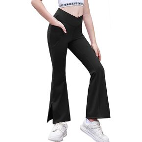 Zaclotre Girls' Flare Leggings with Split Hem Cross High Waist Yoga Bootcut Athletic Kid Bell Bottom Pants with Pockets