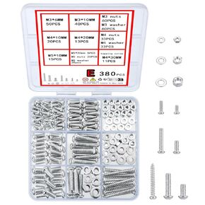 380 Pcs Screws Bolts and Nuts Assortment Kit, Metric Machine Screws and Nuts and Bolts and Flat Washers, M3/M4/M5 Slotted Pan Head Hex Bolts and Nuts Sets (E)
