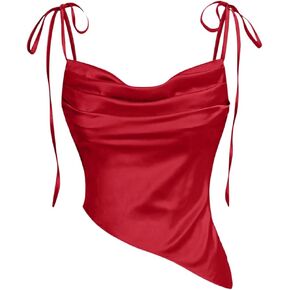 OYOANGLE Women's Tie Shoulder Cowl Neck Draped Front Satin Cami Top Asymmetrical Hem Elegant Camisole