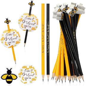 PerKoop 50 Sets Bee Themed Back to School Gifts Including Presharpened Cute Pencils Bee Erasers Back to School Postcards for First Day of School Kids Girl Boy Classroom Reward Party Favor