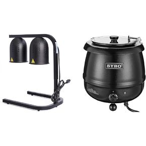 SYBO 500W 2-Bulb Food Heat Lamp & 10.5Qt Soup Kettle w/Lid & Insert Pot, Black