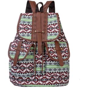 Hippie Canvas Women Backpack Purse- Boho Style Ethnic Drawstring Causal Double Shoulder Vintage Travel Daypack (Landscape), Large