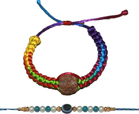 Rudraksha Bracelet Rakhi Set of 2, Rudhaksha Rakhi and Evil Eye Rakhi, Rope Bracelet with Rudraksh Bead, Rakhi Gifts for Brother, Sister, Bhaiya, Bhabhi for Indian Rakhi Raksha Bandhan Festival in Saudi Arabia