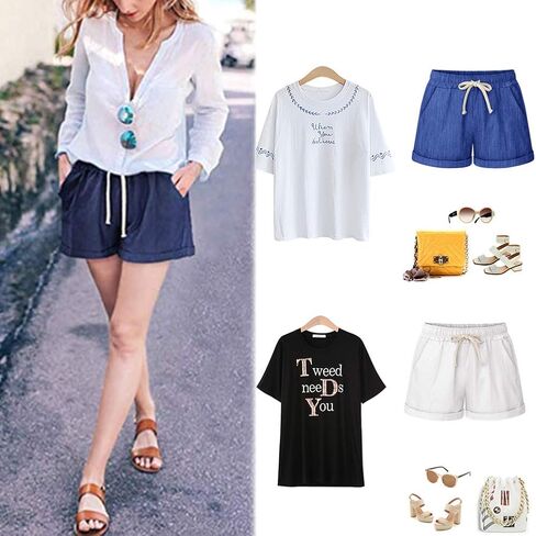 XinYangNi Women's Casual Shorts Cotton Shorts Drawstring Elastic Waist Comfy Bermuda Shorts in Kuwait