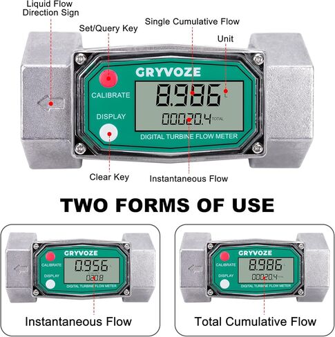 مقياس تدفق الوقود التوربيني الرقمي 1 بوصة، 2.6-26 GPM مقياس تدفق مضمن NPT مع محولات 3/4 بوصة للمياه والديزل وزيت الغاز والبنزين والسوائل الأخرى - يدعم جالون، QTS، PTS، L، m³ in Kuwait