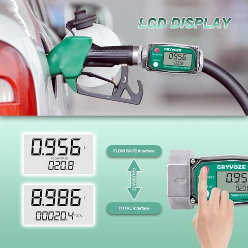 مقياس تدفق الوقود التوربيني الرقمي 1 بوصة، 2.6-26 GPM مقياس تدفق مضمن NPT مع محولات 3/4 بوصة للمياه والديزل وزيت الغاز والبنزين والسوائل الأخرى - يدعم جالون، QTS، PTS، L، m³ in Kuwait