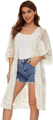 Women's Lace Cardigan Floral Crochet Sheer Beach Cover Ups Long Kimono Shrug in Saudi Arabia