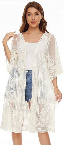 Women's Lace Cardigan Floral Crochet Sheer Beach Cover Ups Long Kimono Shrug in Saudi Arabia