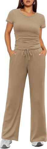 Ekouaer Women's 2 Piece Lounge Sets Ruched Short Sleeve Pajama Set High Waisted Wide Leg Pants Loungewear Outfits in Saudi Arabia