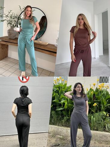 Ekouaer Women's 2 Piece Lounge Sets Ruched Short Sleeve Pajama Set High Waisted Wide Leg Pants Loungewear Outfits in Saudi Arabia